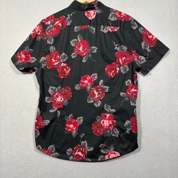 Express Mens Rose Floral Slim Fit Button Shirt M Red Black Short Sleeve Bold - Picture 2 of 6